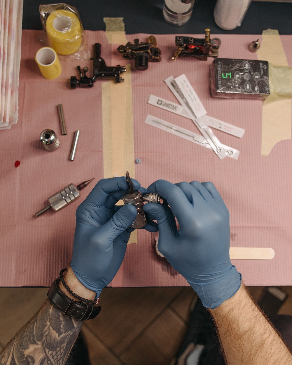 Tattoo equipment prepared carefully before a session